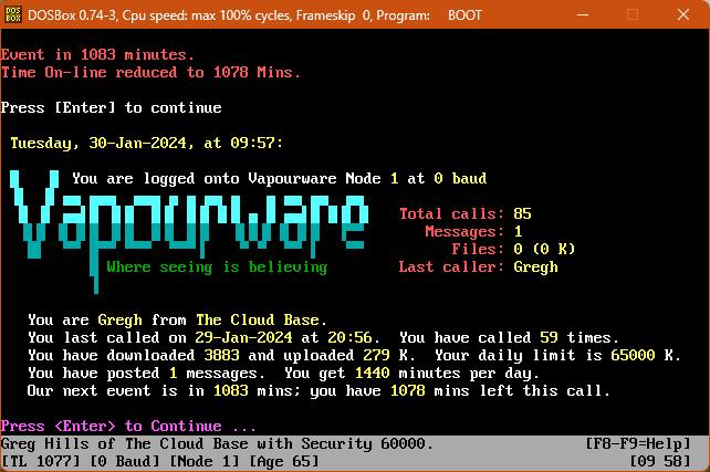 Logging on to a Vapourware archive in DOSBOX